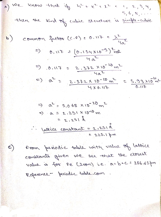 we know that it h +k² + 12 c 1, 2,3,4, 5,6, 3,... then the kind of cubic structure is simple-cubic b) common factor (C.F) 20.
