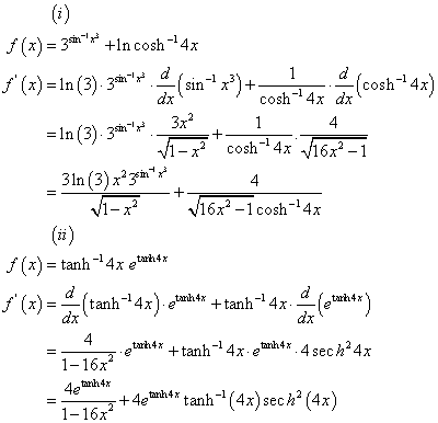 f (x) = 3ste* +In cosh -14% 1 f(x)=1n (3) 3s1x de (sin-- x) cosh-4x dx 3x? V1- x cosh+4x V16x2 - 1 31n (3)x2312 V1-x? 16x2