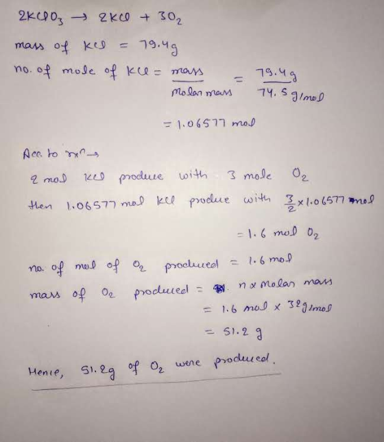 2KC20, 260 + 302 mass of kel = 79.49 no. of mole of kee = mass = Molar mass 79.49 74. Salmol = 1.06577 mod Ace. to na a mos k