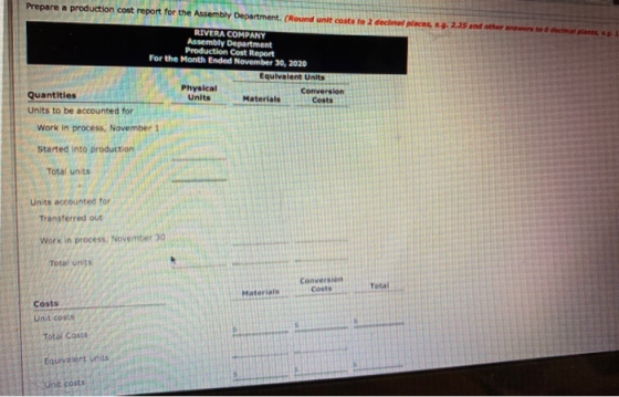 Prepare a production cost report for the Assembly Department. (Round unit costs to 2 der RIVERA COMPANY Assembly Department P