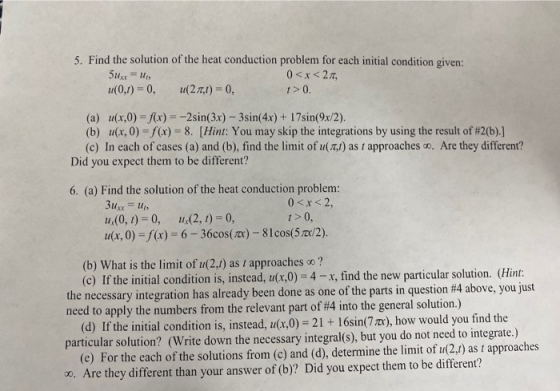 5. Find the solution of the heat conduction problem for each initial condition given: Suxxx = 0<x<211, tu(0,1) = 0, tu(27,1)