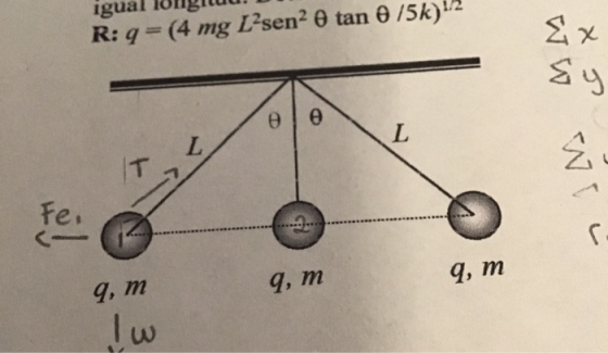 igual lorigituu R; q = (4 mg Lisen? θ tan θ /5k)12 Fe, g, m d, m g, m