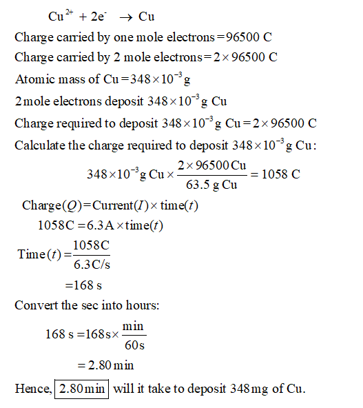 Cu2+ + 2e → Cu Charge carried by one mole electrons =96500 C Charge carried by 2 mole electrons=2x96500 C Atomic mass of Cu=3