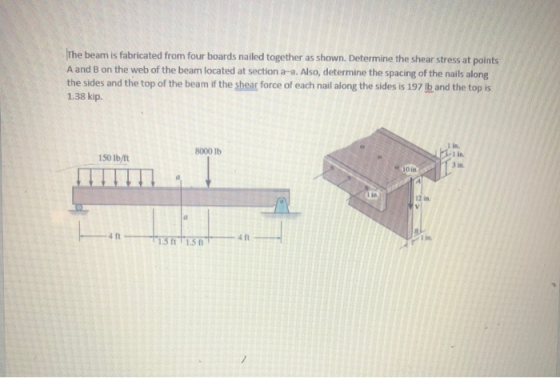 The beam is fabricated from four boards nailed together as shown. Determine the shear stress at points A and B on the web of