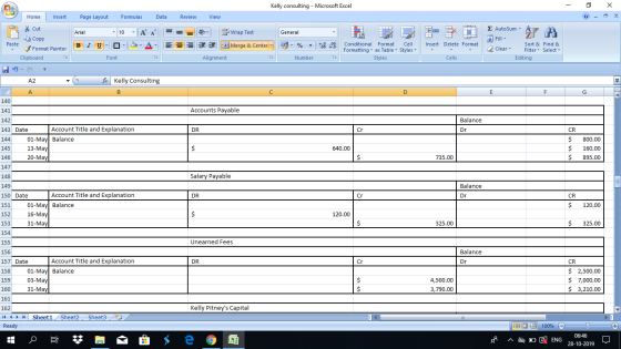 Kelly consulting - Microsoft Excel - X Home Insert Page Layout Formulas Data Review View Cut Copy Arial - General 1 Wrap Text