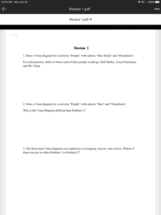 10:23 AM Mon Jun 22 100% Review 1.pdf Review 1.pdf 1 of 5 Review 1 1. Draw a Venn diagram for a universe People with subset