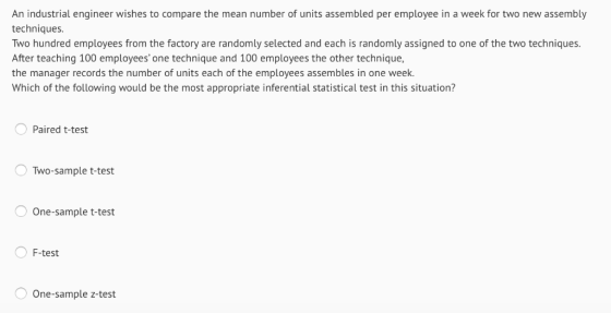 An industrial engineer wishes to compare the mean number of units assembled per employee in a week for two new assembly techn