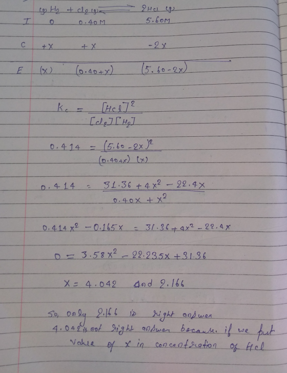 go H₂ & clog o 0.40m 2 Ha y 5.60m C + x + x - 2x E (x) (0.40+x) (5.60-2x) ke- [HAJ? [de] Hg 0,4 14 - - (5.60-2x e (0.404) (x2