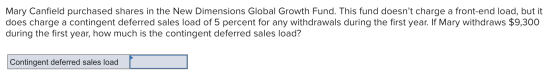 Mary Canfield purchased shares in the New Dimensions Global Growth Fund. This fund doesnt charge a front-end load, but it do