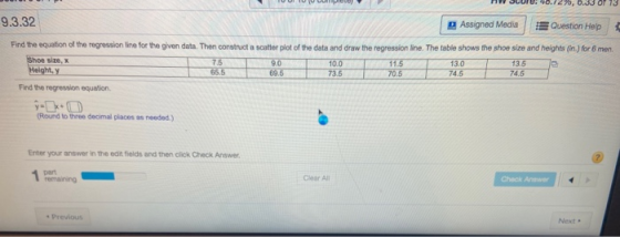 79, 0.33 0 9.3.32 Assigned Media Question Help Find the equation of the regression line for the given data. Then construct a