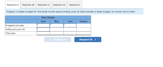 Required 1A Required 1B Required 1C Required 1D Required 2 Prepare a master budget for the three-month period ending June 30