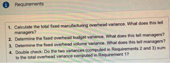 Requirements 1. Calculate the total fixed manufacturing overhead variance. What does this tell managers? 2. Determine the fix