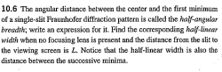 10.6 The angular distance between the center and the first minimum of a single-slat Fraunhofer diffraction pattern is called the half-angular breadrk; write an expression for it. Find the coresponding hai inear width when no focusing lens is present and the distamce from the slit to the viewing screen is L Natice that the half-linear width is also the distance between the successive minima