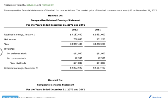 Measures of liquidity, Solvency, and Profitability The comparative financial statements of Marshall Inc. are as follows. The