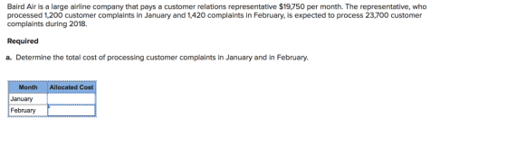 Baird Air is a large airline company that pays a customer relations representative $19,750 per month. The representative, who processed 1,200 customer complaints in January and 1,420 complaints in February, is expected to process 23,700 customer complaints during 2018 Required a. Determine the total cost of processing customer complaints in January and in February Month Allocated Cost anuary February