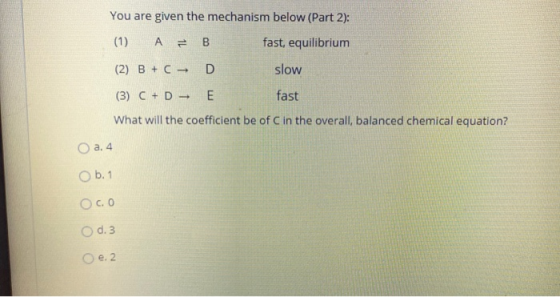 You are given the mechanism below (Part 2): (1) A = B fast, equilibrium (2) B+C - D slow (3) C + D E fast What will the coeff