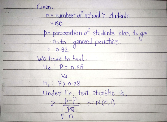 Given n- numben of schools s?udents b- pacpoation of students plan to ge 20:32 HoE 0.28 -general poticnce We bave ta test Unden Hotest statistic is IS, 2 Pa