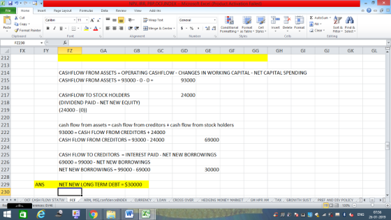 Home nert Page Layout Formulas Data Review View dd-Ins as Cut ta copy. Σ AutoSum Wrap Text General в 1 프 . Ej-., Δ. : rーー 逻锂函Merge & Center. $, % , 弼,8 C Paste Conditional Format CeInsert Delete Format Formatting, as Table w styles. ▼ ㆆ ▼ Sort &Find & 2 ClearFe Select Edting Format Painter Clipboard FZ230 FX Font Alignment Number Styles Cells FY FZ GA GB GC GD GE GF GH Gl GJ GK GL 212 213 214 215 216 217 218 219 220 221 CASH FLOW FROM ASSETS = OPERATING CASH FLOW-CHANGES IN WORKING CAPITAL-NET CAPITAL SPENDING CASHFLOW FROM ASSETS 93000-0-0 93000 CASHFLOW TO STOCK HOLDERS (DIVIDEND PAID NET NEW EQUITY) (24000 - (0)) 24000 cash flow from assets cash flow from creditors +cash flow from stock holders 93000 CASH FLOW FROM CREDITORS24000 CASH FLOW FROM CREDITORS = 93000-24000 223 224 225 226 227 228 229 230 /4 トト 69000 CASH FLOW TO CREDITORS INTEREST PAID NET NEW BORROWINGS 69000-99000-NET NEW BORROW INGS NET NEW BORROW INGS = 99000-69000 30000 NS NET NEW LONG TERM DEBT $30000 OF CASH FLOW STATN FCF ARM, MSi confidence!NDEX CURRENCY LOAN CROSS OVER HEDGING MONEY MARKET GM HPR AM TAX GROWTH SUST (PREF AND DIV POLICY erences: EV46 07:56 26-01-2019