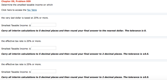 Chapter 09, Problem 009 Determine the smallest taxable income on which Click here to access the Tax Table the very last dollar is taxed at 25% or more. Smallest Taxable Income: $ Carry all interim calculations to 5 decimal places and then round your final answer to the nearest dollar. The tolerance is o. the effective tax rate is 20% or more. Smallest Taxable Income: $ Carry all interim calculations to 5 decimal places and then round your final answer to 2 decimal places. The tolerance is ±0.5. the effective tax rate is 25% or more. Smallest Taxable Income: $ carry all interim calculations to 5 decimal places and then round your final answer to 2 decimal places. The tolerance is ±0.5.