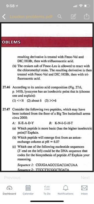 9:58 ビ山 OBLEMS resulting derivative is treated with Fmoc-Val and DICHOBt, then with trifluoroacetic acid. (b) The cesium salt of Fmoc-Leu is allowed to react with the chloromethyl resin. The resulting derivative is then treated with Fmoc-Val and DIC HOBt, then with tri- fluoroacetic acid. 27.46 According to its amino acid composition (Fig. 27.6, p. 1410), lysozyme has an isoelectric point that is (choose one and explain): (1)<6 (2)about 6 (3) >>6 27.47 Consider the following two peptides, which may have been isolated from the floor of a Big Ten basketball arena circa 2000: B: K-NI-G-H-T A: KE-A-D-Y (a) Which peptide is more basic (has the higher isoelectric point)? Explain. (b) Which peptide will emerge first from an anion- exchange column at pH 6.0 Which one of the following nucleotide sequences (3-end on the left) could be the DNA sequence that codes for the biosynthesis of peptide A? Explain your reasoning. Sequence 1: CGUGAAGCCGACUACUAA (c) Dashboard Calendar To Do Notifications Inbox