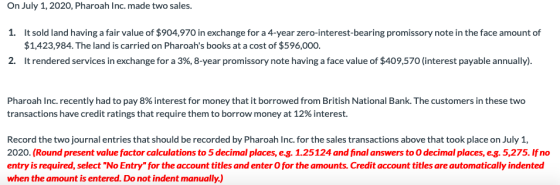 On July 1, 2020, Pharoah Inc. made two sales. 1. It sold land having a fair value of $904,970 in exchange for a 4-year zero-i