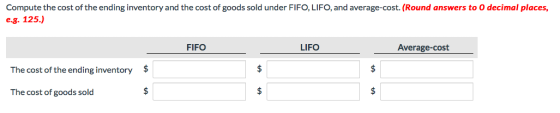 Compute the cost of the ending inventory and the cost of goods sold under FIFO, LIFO, and average-cost. (Round answers to 0 d