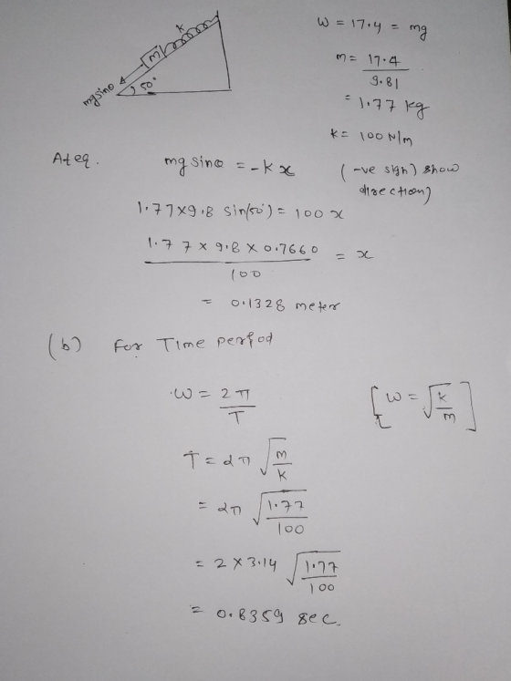W = 17.4 = mg omy m = 17.4 9.81 = 1.77 kg masino & m Ateg. k= 1000lm mg since =-k x lave sigh) show direction] 1.77x9 18 sins