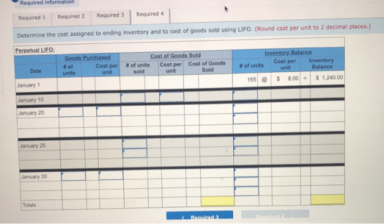 Required information Required 1 Required 2 Required 3 Required 4 Determine the cost assigned to ending inventory and to cost