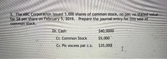 3. The ABC Corporation issued 5,000 shares of common stock, no par, no stated value for $8 per share on February 5, 2019. Pre