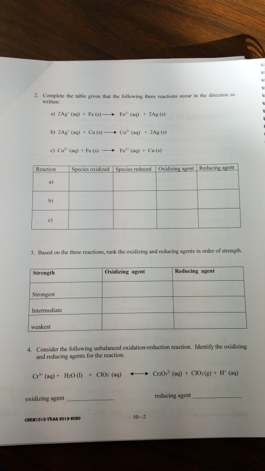 2. Complete the table given that the following three reactions occur in the direction as written: a) 2Ag (aq) + Fe(s) - Fe?