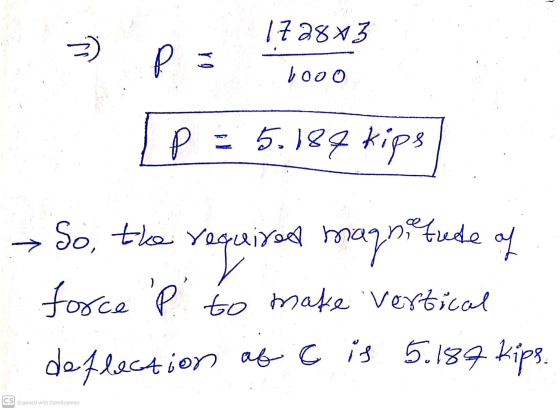 172843 P = looo P = 5.189 kips stude of required maqni So, the requ force P to make Vertical deflection at t is 5.184 kips.