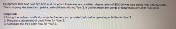 Equipment that had cost $31,600 and on which there was accumulated depreciation of $10,700 was sold during Year 2 for $25,900