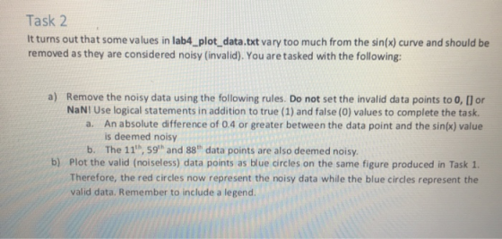 Task 2 It turns out that some values in lab4_plot_data.txt vary too much from the sin(x) curve and should be removed as they