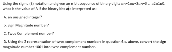 Using the sigma (E) notation and given an n-bit sequence of binary digits an-lan-2an-3 ... a2alao, what is the value of A if