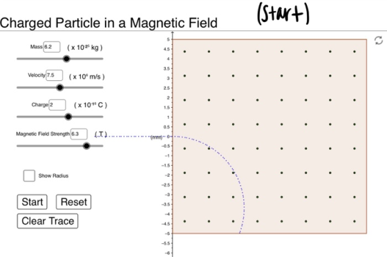 (start) Charged Particle in a Magnetic Field Mass 6.2 (x102 kg) 4.5 3.5 Velocity 7.5 (x10m/s) 3 2.5 2 Charge 2 (x 10C) 1.5 0