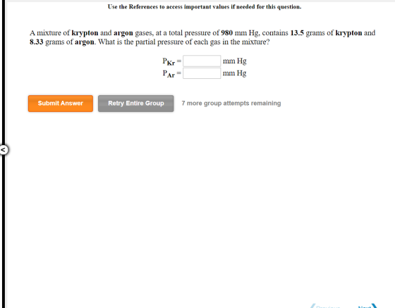 Use the References to access important values if needed for this question. A mixture of krypton and argon gases, at a total p