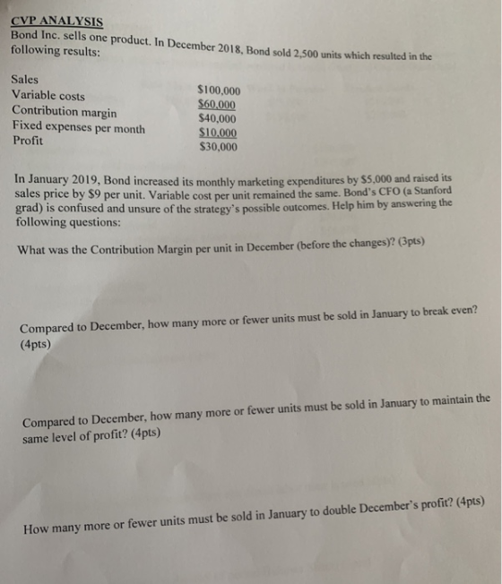 CVP ANALYSIS Bond Inc. sells one product. In December 2018. Bond sold 2.500 units which resulted in the following results: Sa