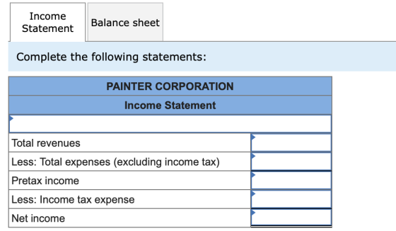 Income Statement Balance sheet Complete the following statements: PAINTER CORPORATION Income Statement Total revenues Less: T
