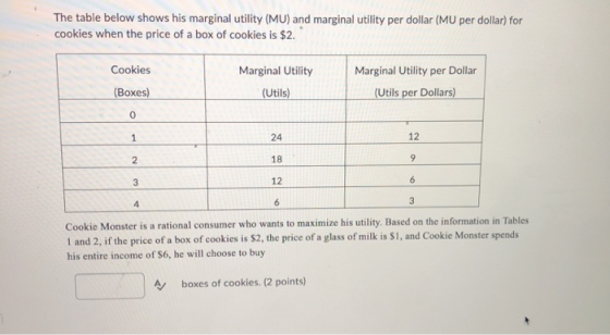 The table below shows his marginal utility (MU) and marginal utility per dollar (MU per dollar) for cookies when the price of