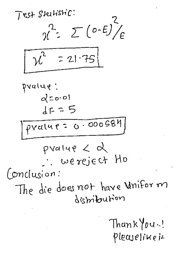 2 2 Test Slechishic: x= [ (0-6)7€ eľ = 21.75 pualue: d-0.01 der5 pralup = 0.000584 pvalue <a .. wereject Ho Conclusion: The d