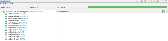 กู้เ JUnit Finished after 0.031 seconds Runs: 12/12 Errors: 0 Failures: 0 eubuffalo.csel16.GeometryTest [Runner. JUnit 4] (0.