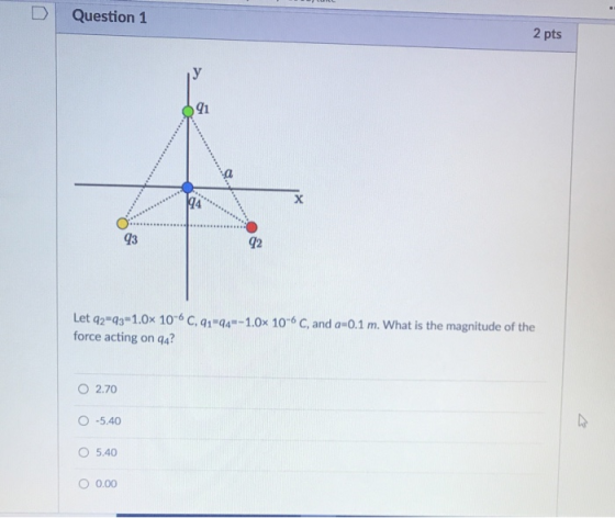 DQuestion 1 2 pts 91 OA 93 12 Let q2q3-1.0× 10-6 C, q1q4-1.0× 10-6 C, and a-0.1 m. What is the magnitude of the force acting on q4? O 2.70 0-540 O 5.40 o 0.00