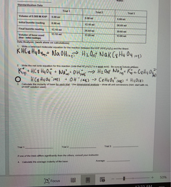 Standardization Data Trial 2 Volume of 0.500 M KHP 5.00ml 5.00 ml Initial burette reading 0.00 ml 13.10 ml Final burette read