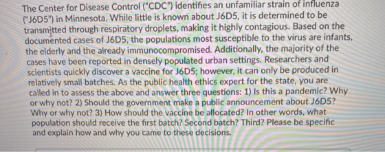 The Center for Disease Control (CDC) identifies an unfamiliar strain of influenza (J6D5) in Minnesota. While little is kn