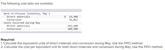The following cost data are available: $ 19,900 36,012 Work-in-Process Inventory, May 1 Direct materials Conversion Costs inc