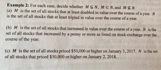 Example 2: For each case, decide whether MSN, MCN, and MON (a) M is the set of all stocks that at least doubled in value over