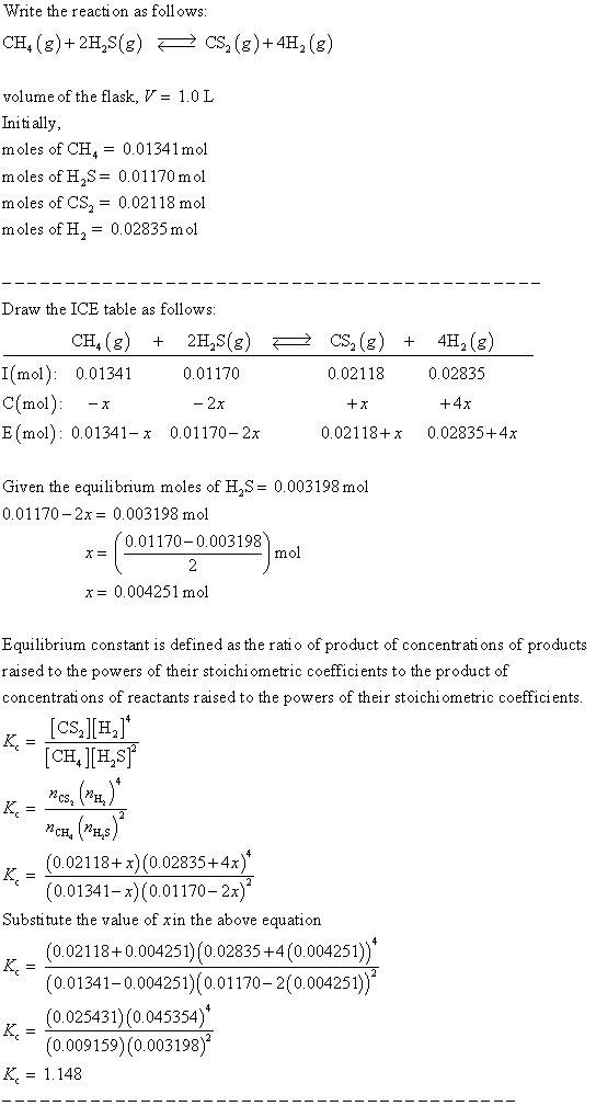 Write the reacti on as foll ows: 2 Cs ()4H, (s CH, (3)+2H2S() volume of the flask, V = 1.0 L Initially moles of CH= 0.01341mo