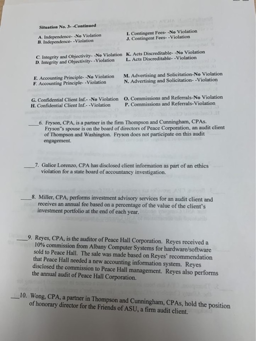 Situation No. 3. Continued A. Independence--No Violation B. Independence - Violation L. Contingent Fees. -No Violation J. Con