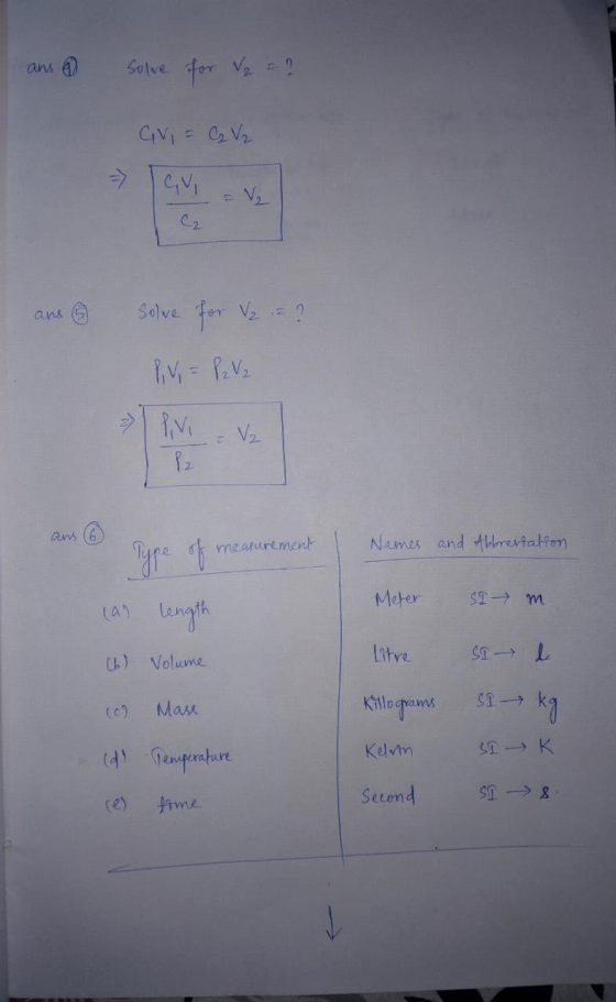 ans 4 Solve for a c ? GIVI = Ca V2 ans @ Solve for V2 = ? PV = P2 V 2 Pivi = V2 ans 6 measurement Names and Abbreviation Mete
