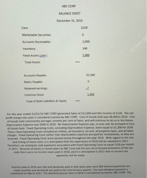 ABC CORP BALANCE SHEET December 31, 2010 $100 Cash 0 Marketable Securities 2,000 Accounts Receivables 140 Inventory Fixed Ass